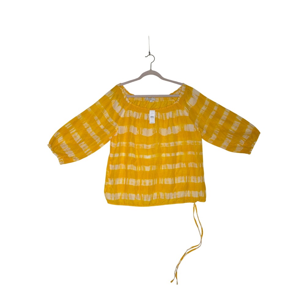 Loft NWT L Yellow Tie Dye Stripe Off Shoulder Blouse 3/4 BalloonSleeve SilkBld